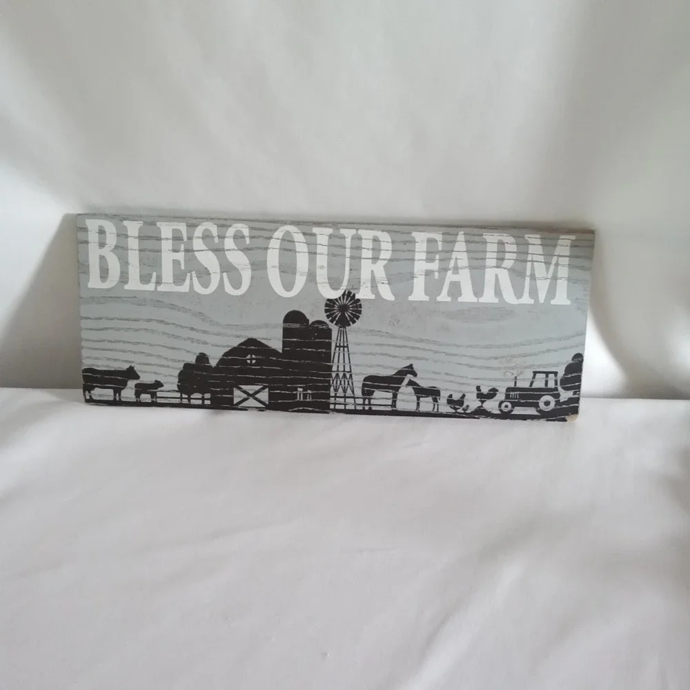 Bless Our Farm Rustic Wood Wall Sign Farmhouse Decor Grey 12x4.5 Inch
